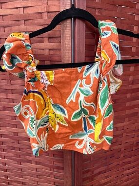Rachel Orange Floral Ruched-Strap Crop Top